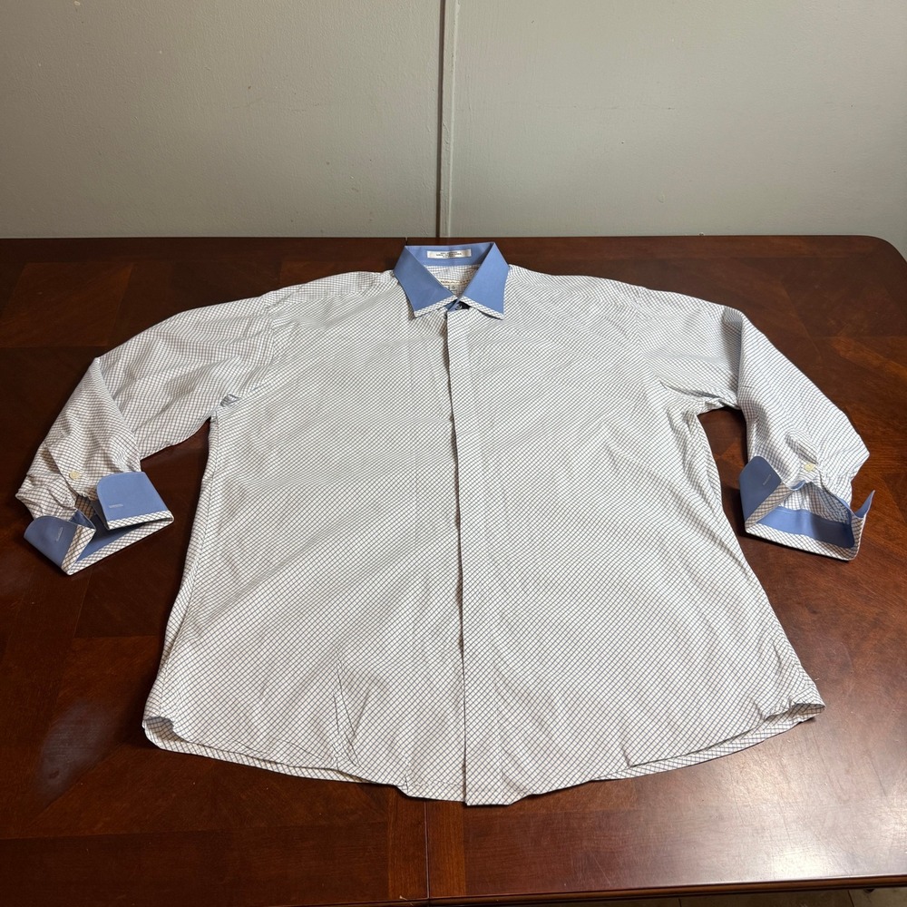Assante Mens Shirt 18 4/5 Big Blue White‎ Check Contrast Collar French Cuff VTG